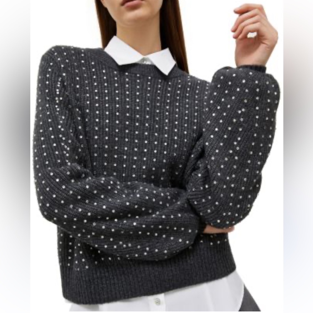 MARELLA‎ Molo Rhinestone Embellished Crewneck Knit Gray Sweater Puff Sleeve SZ M